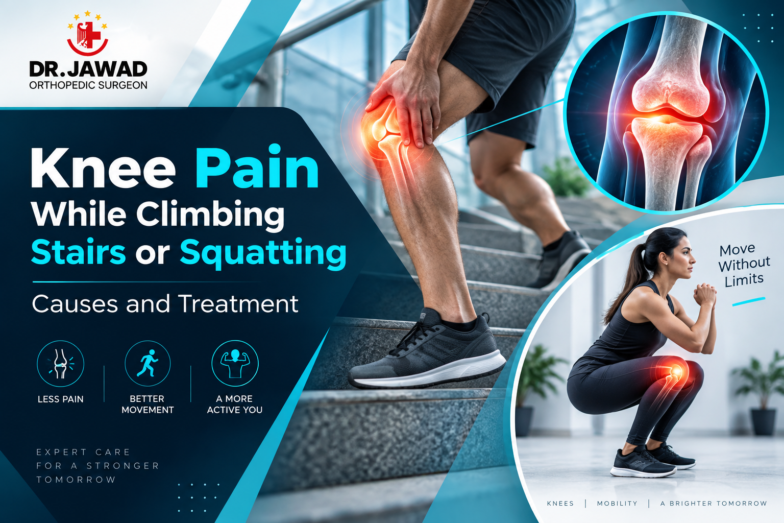 Knee pain while climbing stairs or squatting, including common causes and treatment options