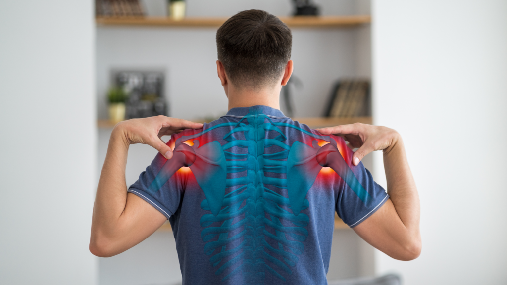 Man showing frozen shoulder pain with highlighted shoulder joints and upper back muscles